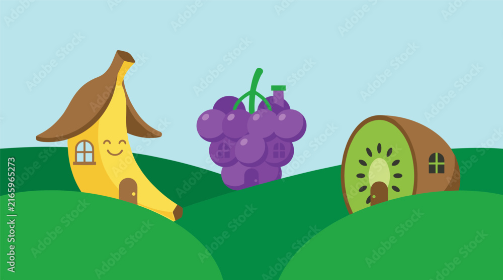 Fototapeta premium Whimsical fruit houses: smiling banana, grape bunch, and kiwi slice on green hills under blue sky, flat design vector illustration