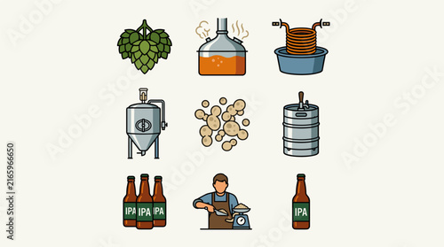 Bild auf Leinwand Brewing process icons: hops, boiling, chilling, fermentation, yeast, keg, bottles, and person weighing ingredients