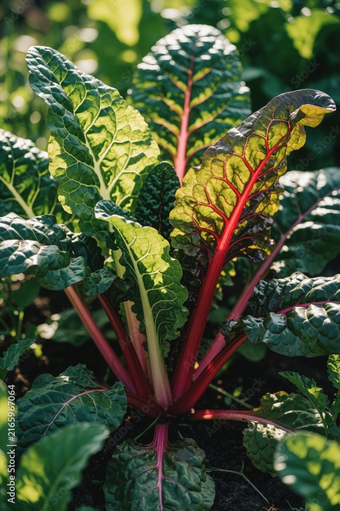 Obraz premium Rainbow chard grows in garden bed. Vibrant red stems and green crinkled leaves catch sunlight. Healthy vegetable plant thrives in organic soil during sunny summer day.