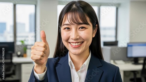 Confident Businesswoman Thumbs Up: A young Asian businesswoman in a sharp suit gives a confident thumbs-up, her radiant smile reflecting success and positivity in a modern office setting.