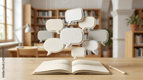 Open book with floating speech bubbles in a library setting