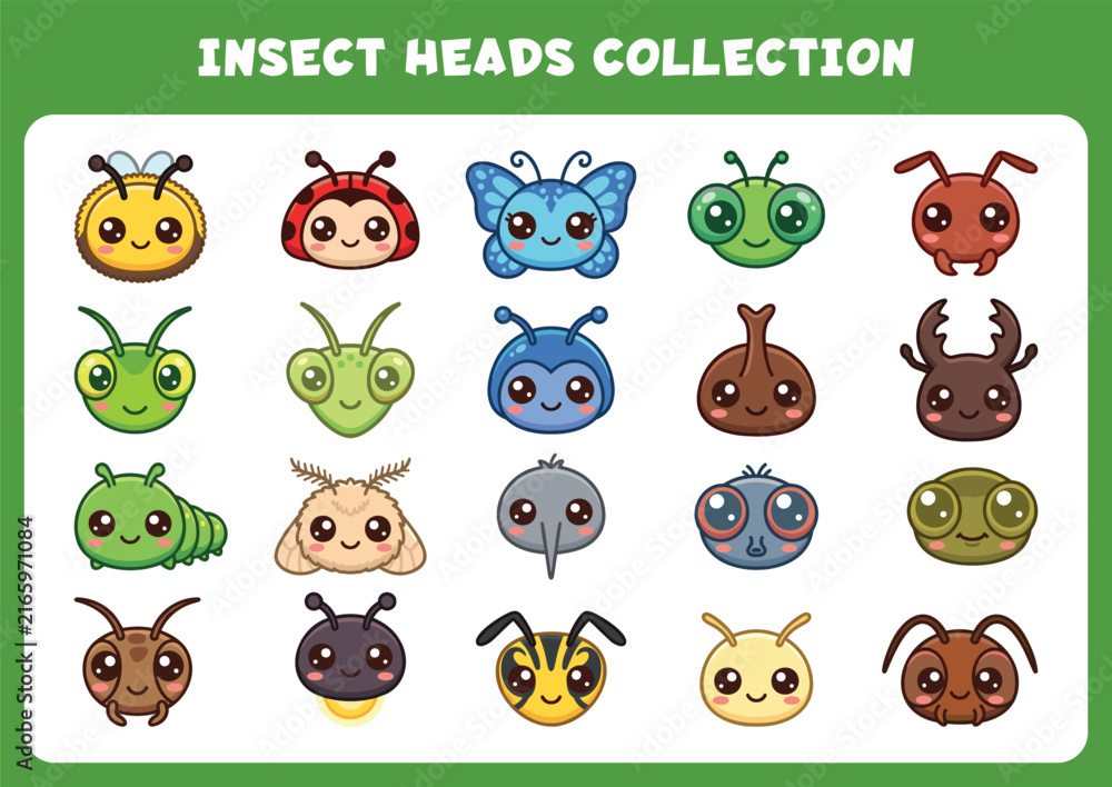 Fototapeta premium Cute cartoon insect heads collection for playful branding and digital design projects
