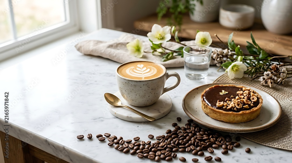 Fototapeta premium Fresh coffee latte and chocolate hazelnut tart on white marble