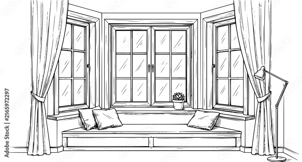 Fototapeta premium Bay window interior room architectural black and white sketch vector illustration