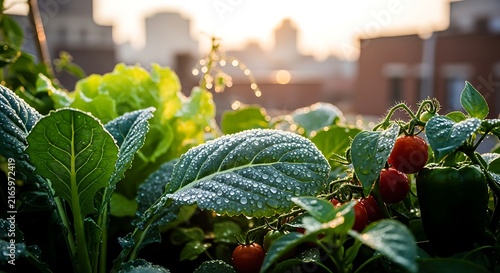 Fresh Garden Leaves and Tomatoes Dewy Morning in Urban Roof Garden