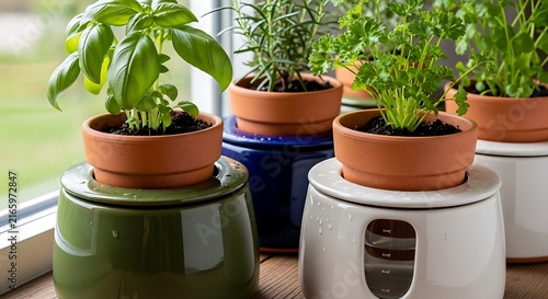 Colorful Plant Pots with Herbs on Modern Windowsill
