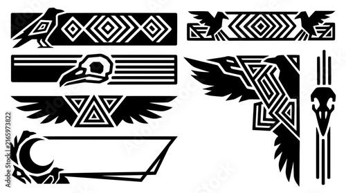 Raven crow bird skull wing and moon geometric banner frames with chevron border for tribal badge and label set