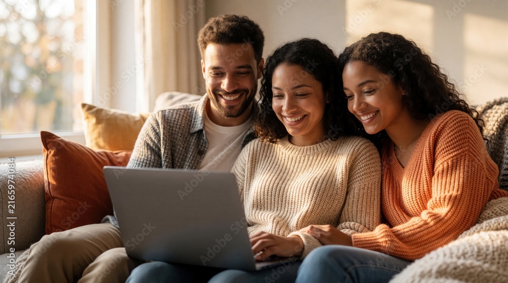 Fototapeta premium Three happy people share laptop on cozy sofa. Friends laugh watching video content together. Modern home interior lit by window light. Casual gathering indoors.