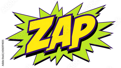 Colorful comic book style illustration of the word ZAP in bold yellow letters.