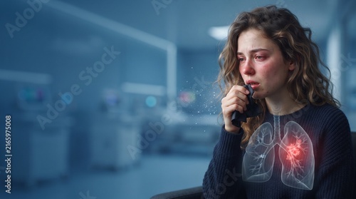 Woman using inhaler for asthma