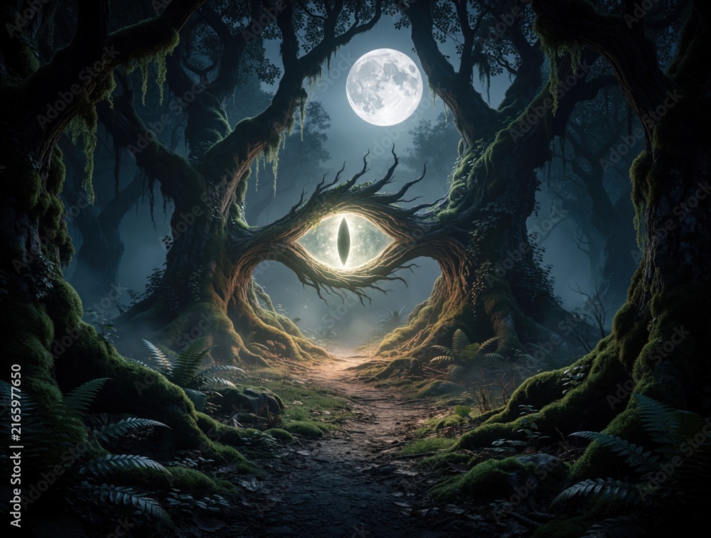 Obraz premium Mysterious eye shaped portal glows between ancient mossy trees in dark forest. Surreal fantasy landscape under bright full moon at night. Magical light shines on path through eerie woods. Enchanted