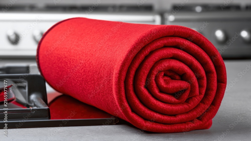 Fototapeta premium Rolled red blanket on stovetop creating cozy kitchen scene, home organizer arranges emergency warmth and textured fleece throw near oven, warm tones, soft fiber detail, inviting tabletop display,