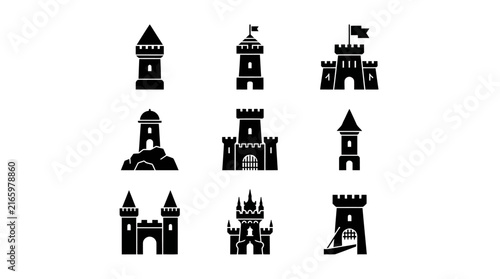 Collection of castle tower silhouettes.