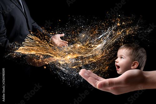 Teacher Hands Holding Glowing Book Illuminating Child Metaphor