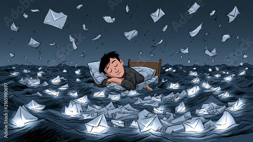 Bed Floating Stormy Ocean Emails Charts Work-Life Metaphor