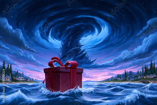 Fantastical Christmas Adventure Mysterious Christmas Presents Floating on Ocean with Night Sky