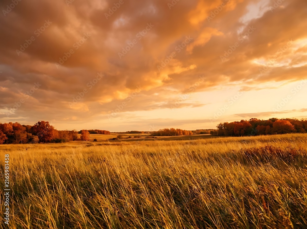 Naklejka premium Scenic autumn landscape featuring a golden sunset over a sunlit meadow during the fall season with vibrant fall foliage and soft autumn background