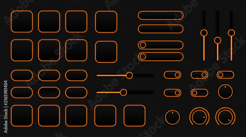 Futuristic Orange Neon Dark Mode UI UX Element Collection with Equalizer Sliders, Toggle Switches, and Knobs