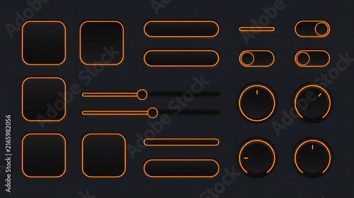 Minimal Orange Neon UI Kit Set in Dark Mode with Rotary Knobs, Sliders, and Buttons 