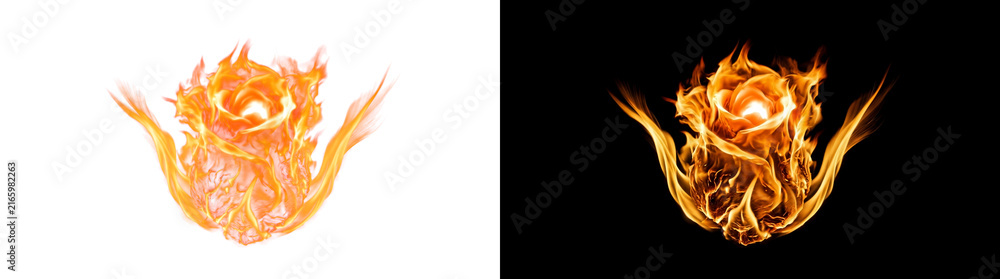 Fototapeta premium Fiery Rosebud Flame Burst Overlay with Molten Ember Core and Glowing Petal Licks, Cutout Transparent PNG Light Effect