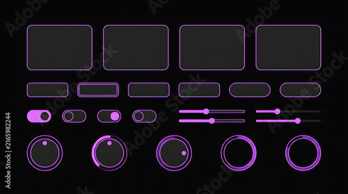 Glowing Purple Neon UI UX Component Set in Dark Theme featuring Sliders, Switches, and Rotary Knobs
