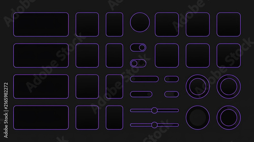 Minimalist Purple Neon Dark Mode UI UX Kit Set with Glowing Buttons, Cards, and Sliders