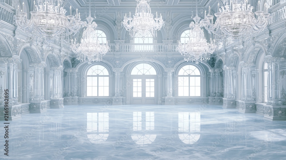Naklejka premium Bright crystal ballroom interior with grand chandeliers and marble floor