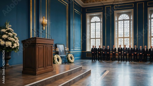 Formal memorial gathering in elegant ceremonial hall