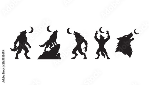 Fotografie Collection of werewolf howling at moon silhouettes with fierce poses and transformations for fantasy gaming graphic assets and halloween spooky themes