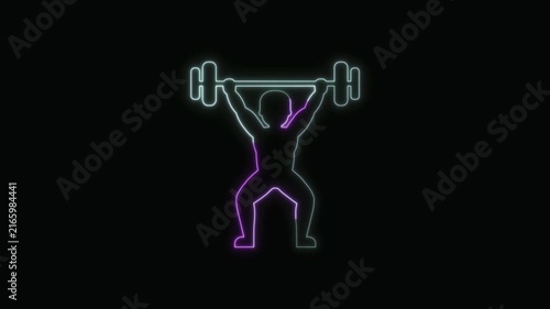  Weightlifter Icon Neon Seamless Loop 4K with Black Background Animated Promotional Typography for Video Editing