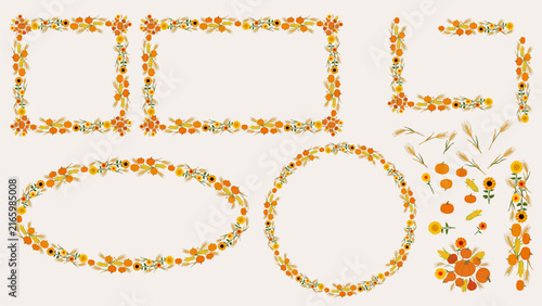 Vector Fall Garden Floral Corner and Arch Borders with Pumpkin Icons for Invitation
