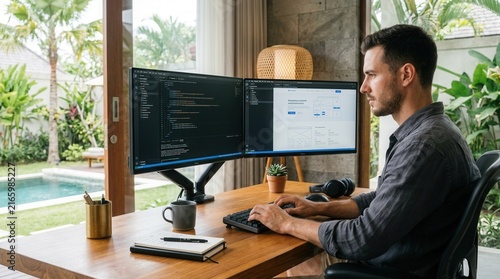 Young Man Coding on Dual Monitors in Tropical Villa Home Office with Pool View, Embracing Digital Nomad Lifestyle