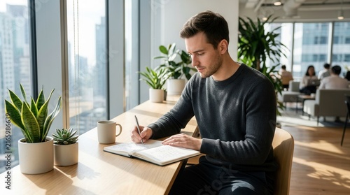 Young Man Working and Writing in a Modern Co-working Space with City View