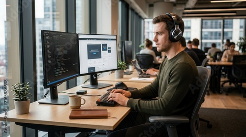 Young man with headphones coding on dual monitors in a modern open-plan office with city views