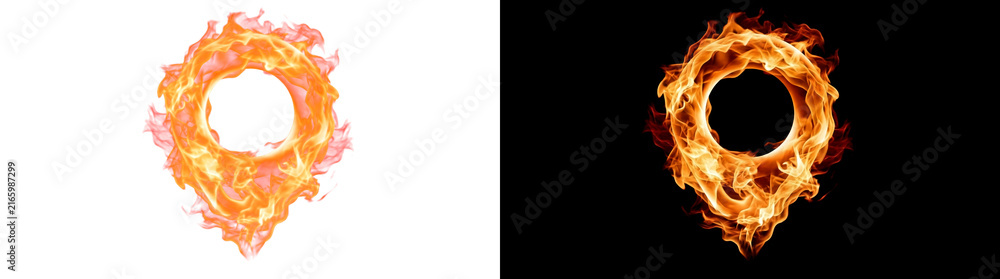 Fototapeta premium Burning location pin icon formed from blazing flames, fire overlay isolated on transparent background