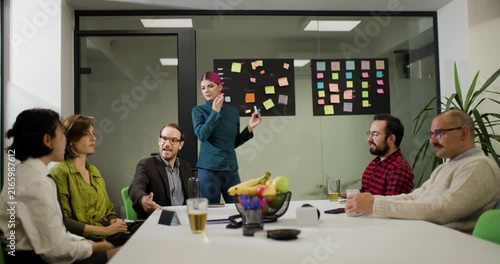 Team members discuss project ideas in office meeting room with notes on wall and display of engagement, involving men and women actively contributing thoughts and feedback