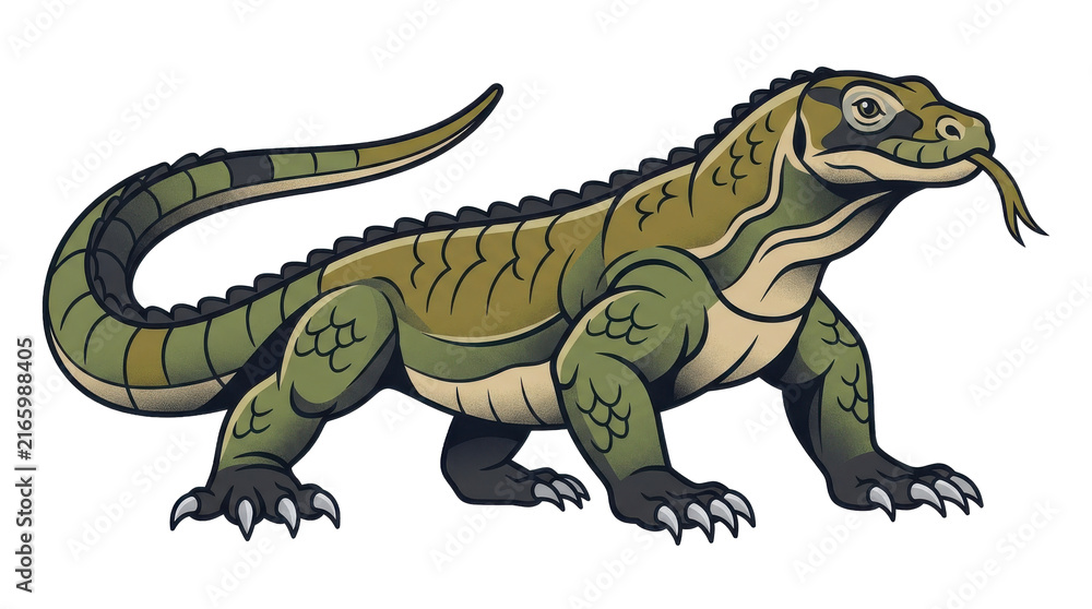 Fototapeta premium Komodo dragon lizard illustration featuring textured green scales standing isolated white background cartoon graphic art style