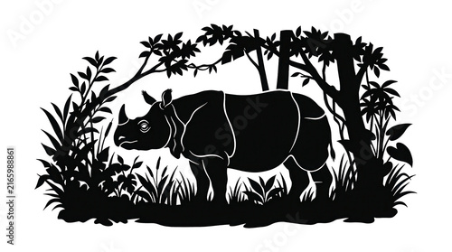 Black silhouette rhinoceros standing within dense tropical jungle foliage vector graphic design isolated white background asset