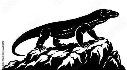 Black silhouette illustration featuring komodo dragon standing atop rocky terrain isolated white background design element