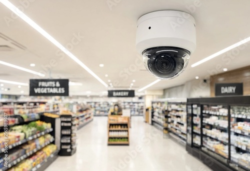 Modern white security camera mounted on a supermarket ceiling, monitoring bright retail aisles, shelves, refrigerated displays, and spacious floors with professional depth of field and lighting.