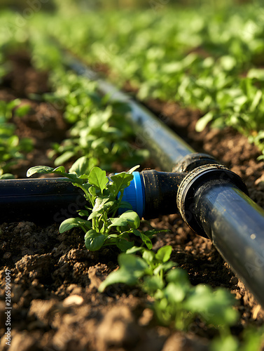 A row of green seedlings, black pipes with blue fittings