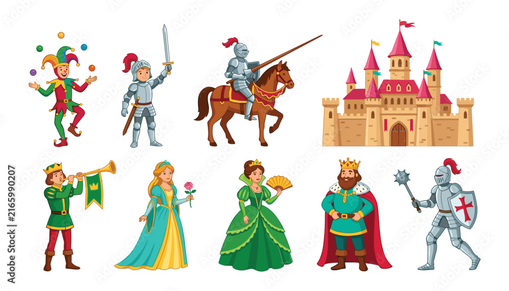 Fototapeta premium Medieval kingdom vector set with cartoon royal family castle knights princess king queen jester and herald characters