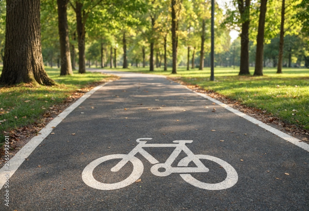 Obraz premium Sunlit winding bicycle lane through a peaceful green park, featuring white bike markings, autumn leaves, fresh asphalt, lush grass, tall trees, and gentle bokeh.