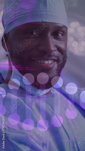 Animation of data processing and dna strand over diverse surgeons wearing face masks