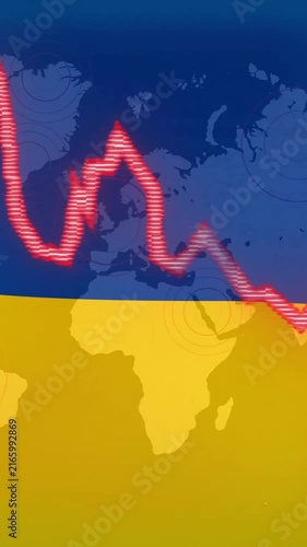 Red graph line and numbers animation over world map and Ukraine flag