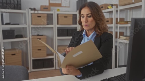 Woman reading a folder and flipping pages at a desk in a storage building; concentration record review.
