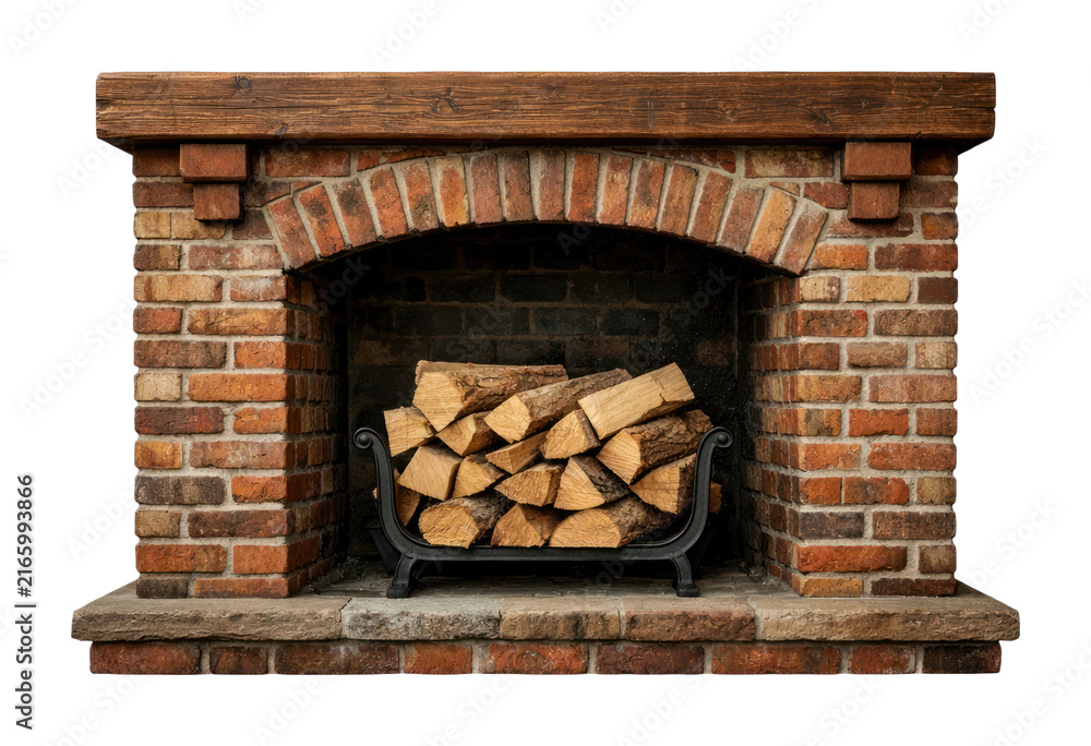 Fototapeta premium PNG Cozy brick fireplace with stacked firewood.