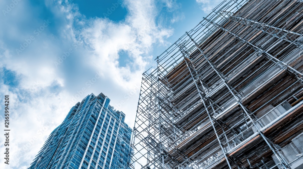 Fototapeta premium Scaffolding framing skyscraper against sky, wideangle view of steel pipes and reflective glass facade, bright daylight, urban contrast, copy space for headline, maintenance staging on exterior