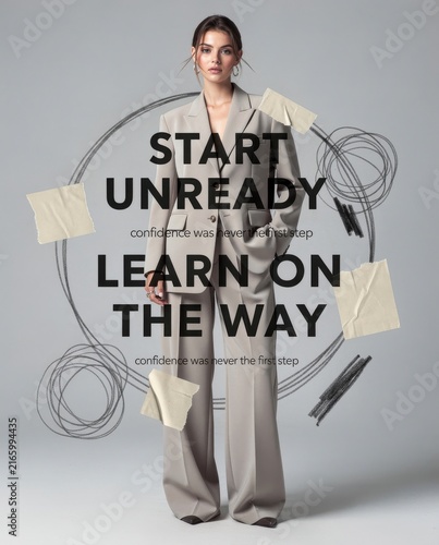 Professional woman in beige suit with motivational typography and creative sketch elements