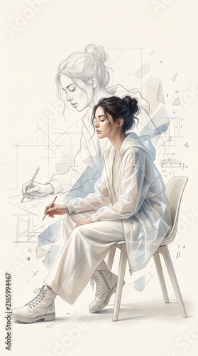 Young woman sitting on a chair with artistic sketch effect and abstract ink splatter